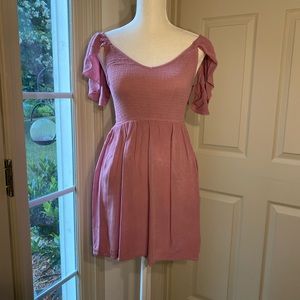Off shoulder shirred skater dress